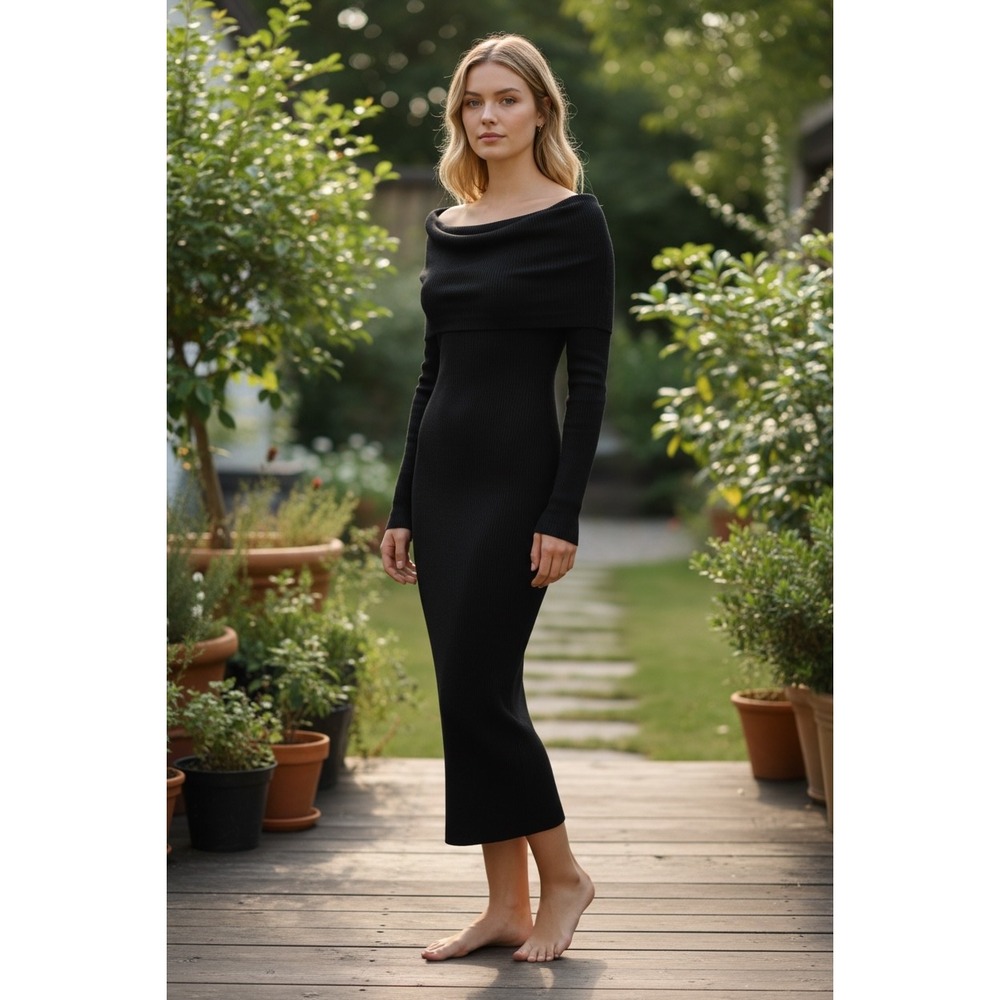 WAYF wool blend Knit Midi Dress sz XL Black Off Shoulder classic minimalist